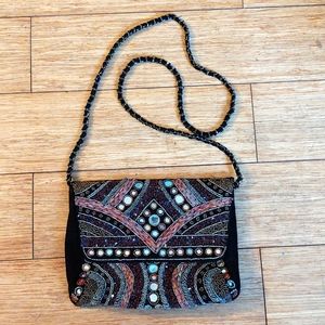 ZARA Bohemian Purse Pocketbook Embellished Black Multicolor Beaded Velvet